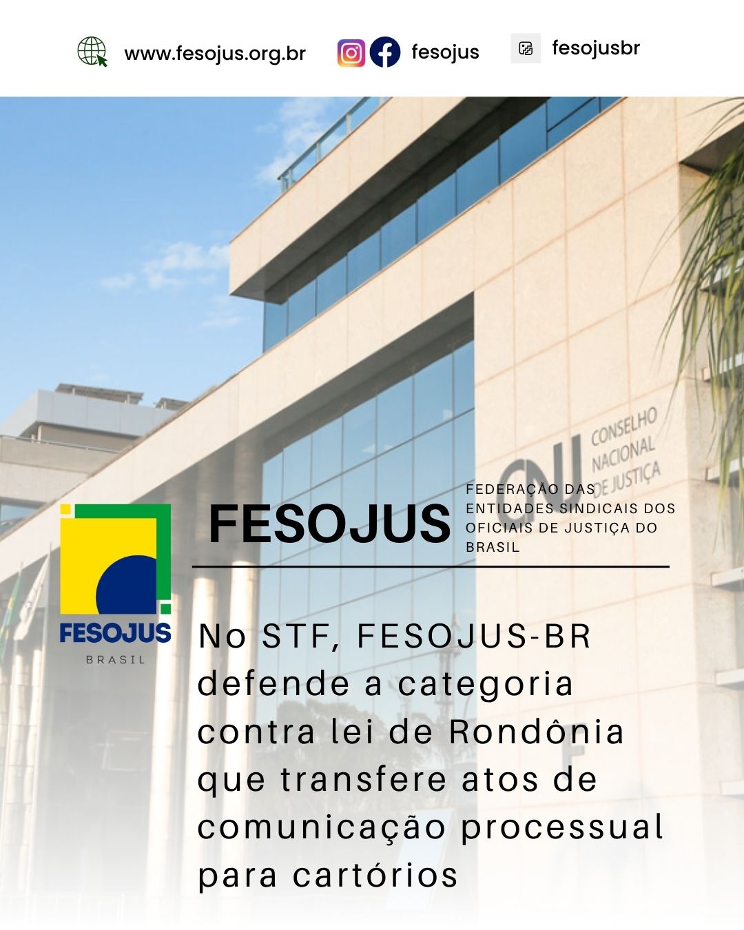 Leia mais sobre o artigo No STF, FESOJUS-BR defende a categoria contra lei de Rondônia que transfere atos de comunicação processual para cartórios